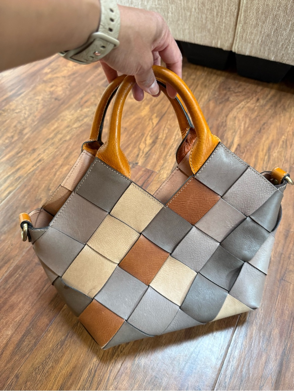 Woven Leather Tote Bag in Tan, Cream & Gray